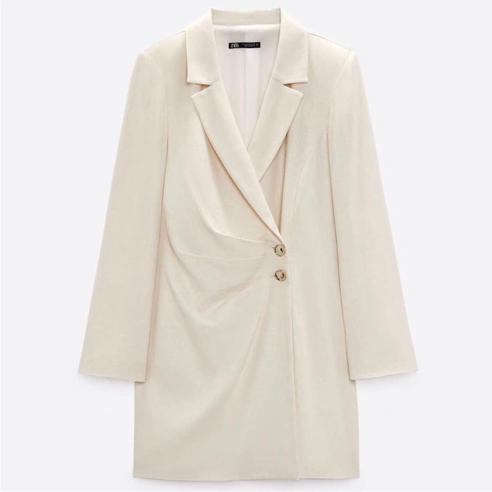Zara NWOT linen blend cream ivory blazer dress with gold buttons - Picture 5 of 7